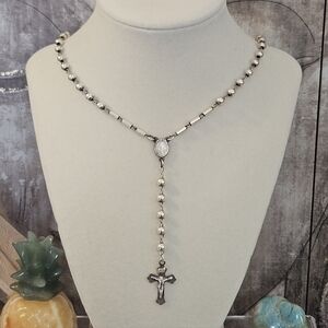 Sterling Silver Rosary Bead Necklace with Cross 30.5"